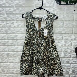 Veveret Leopard Print Front Tie Denim Romper | NWT